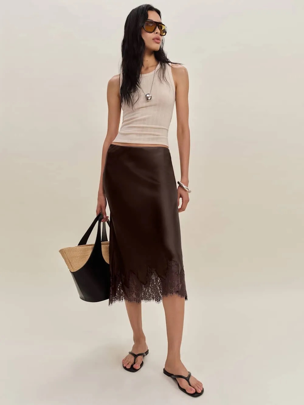 Reformation Lace Hem Midi Silk Skirt Satiny Eco Designer Quiet Luxury Preppy - Picture 4 of 12